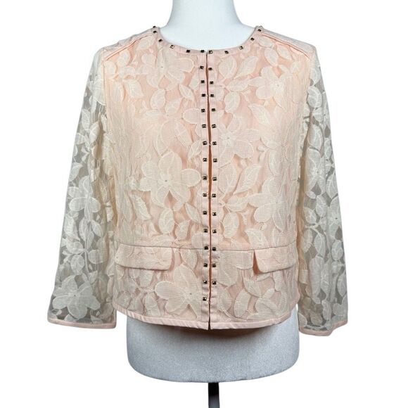 Mademoiselle Pink Floral Long Sleeve Blazer Jacket Size 10 Lined Studded - Picture 1 of 7